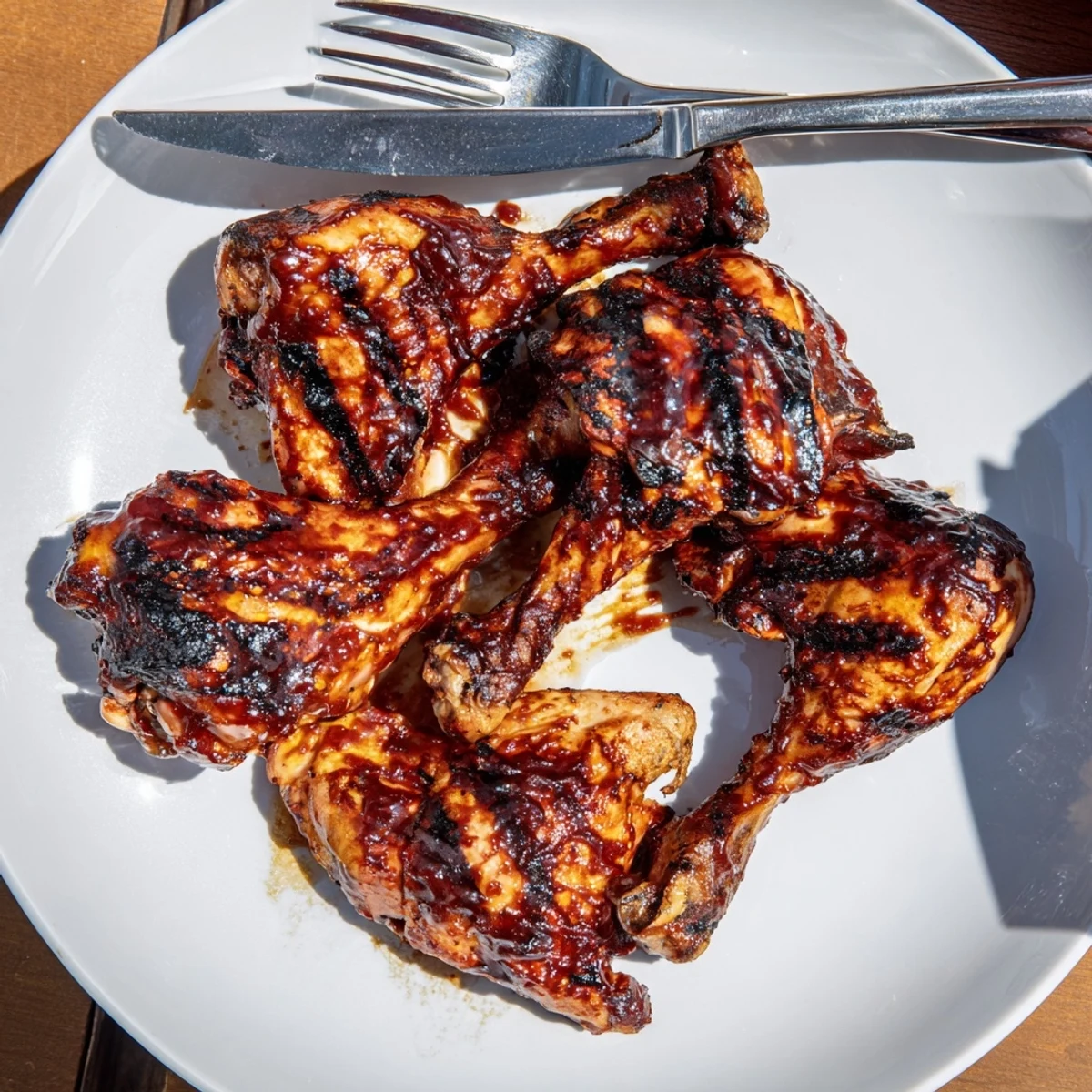 Smoky barbecue chicken pieces resting on a rustic wooden serving platter