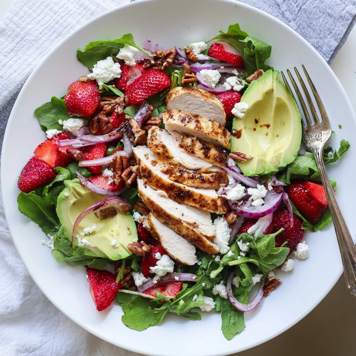 Juicy grilled chicken tops this colorful Strawberry Chicken Salad drizzled with balsamic vinaigrette
