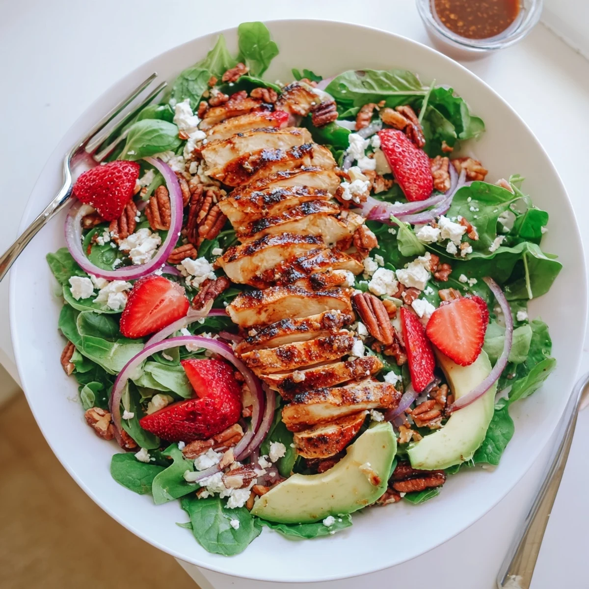 Fresh Strawberry Chicken Salad with ripe berries, crunchy pecans, and creamy goat cheese piled high