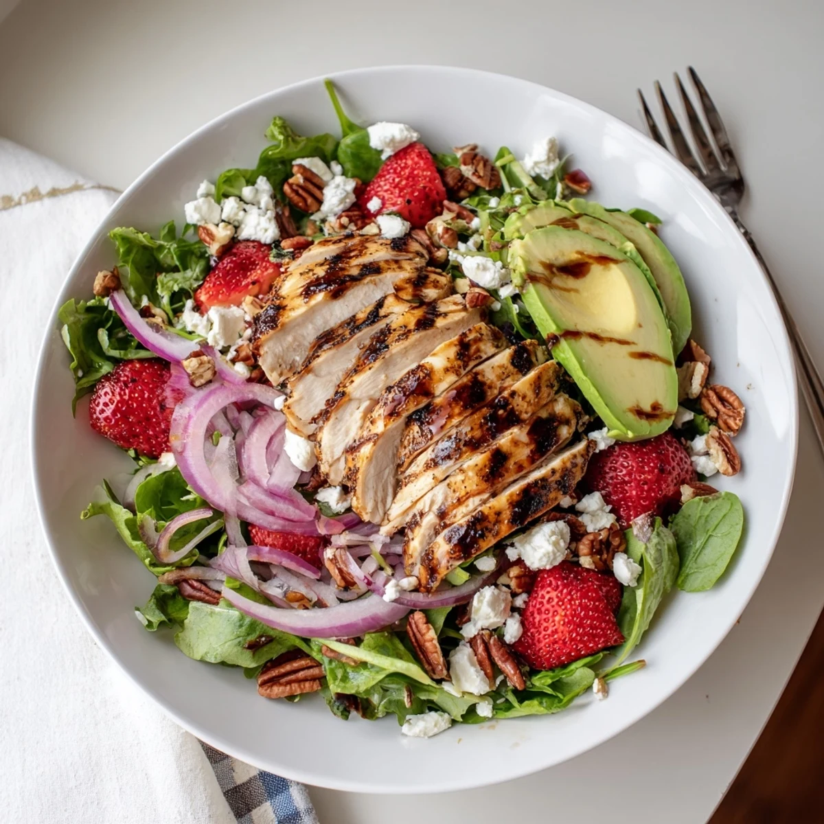 A vibrant summer Strawberry Chicken Salad served on a rustic wooden cutting board