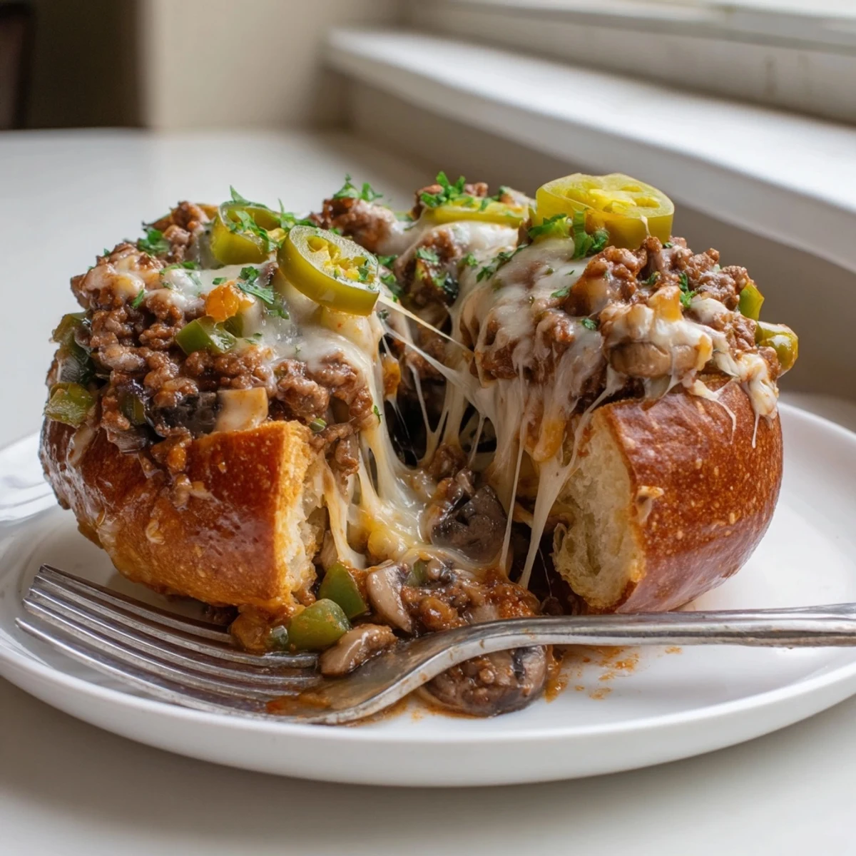 Juicy ground beef and sautéed peppers piled into cheesy Philly Sloppy Joes sandwiches