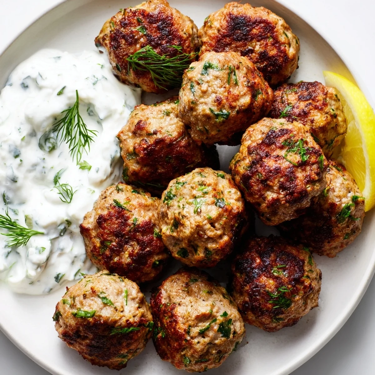 Golden Greek turkey meatballs with herby seasoning drizzled in cool, creamy tzatziki sauce