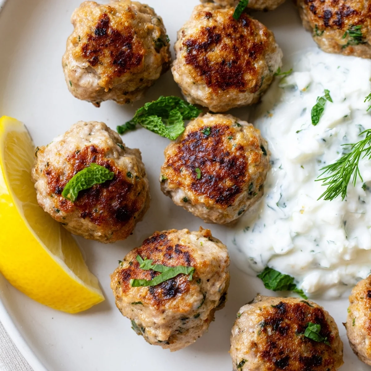 Crispy-skinned Greek turkey meatballs nestled beside a vibrant cucumber dill tzatziki dip
