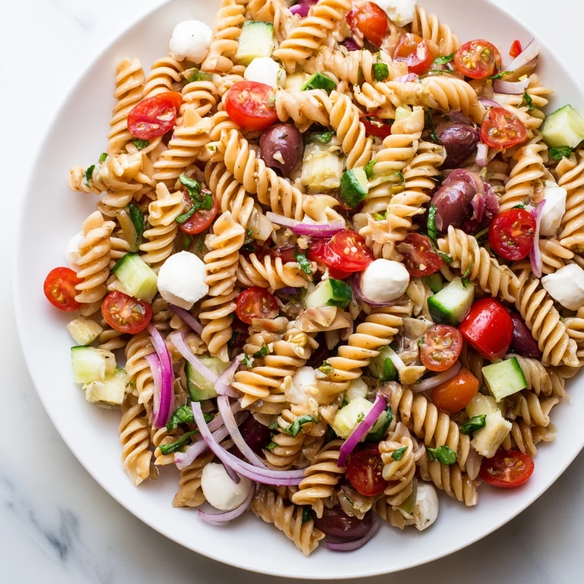 Colorful Italian pasta salad with cherry tomatoes, mozzarella, and fresh basil in a bowl