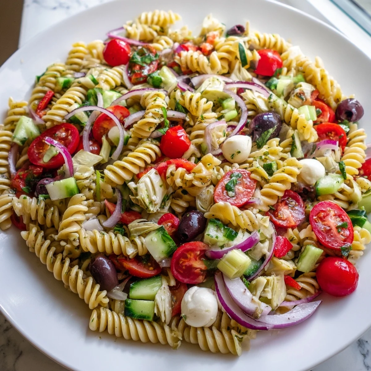 Vegetarian Italian pasta salad tossed with crisp vegetables and tangy vinaigrette on a platter