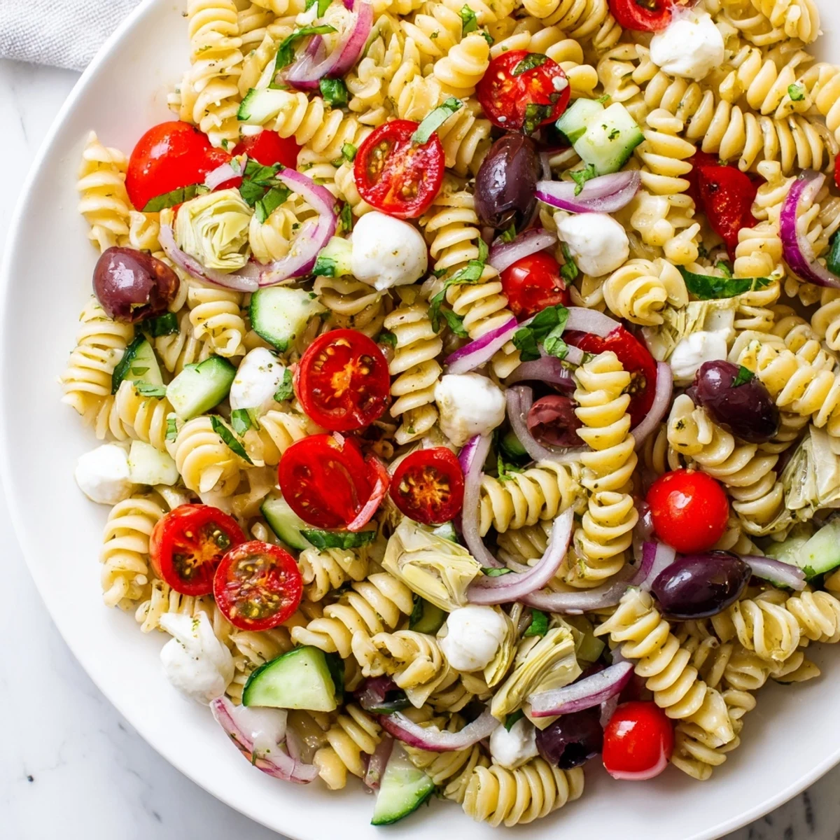 Creamy mozzarella and vibrant bell peppers crown this hearty Italian pasta salad serving