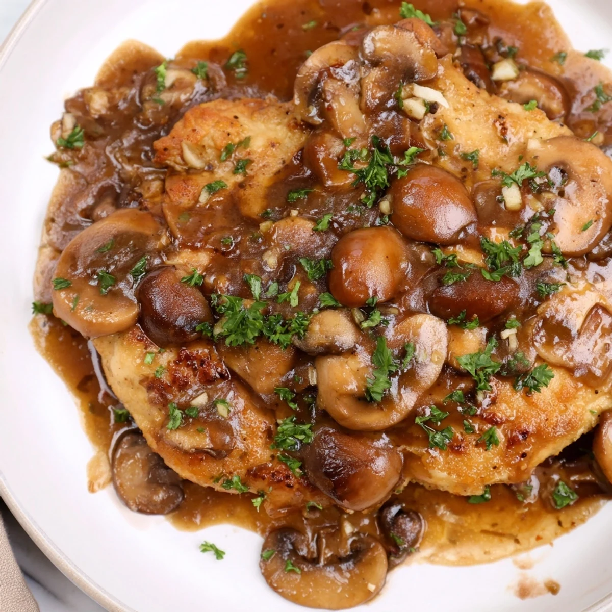 Golden pan-seared dairy free Chicken Marsala smothered in savory mushroom wine sauce