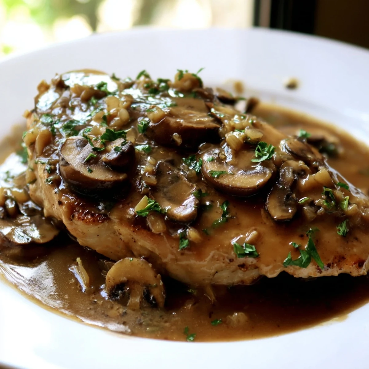 Creamy dairy free Chicken Marsala with tender breasts and earthy mushrooms in skillet