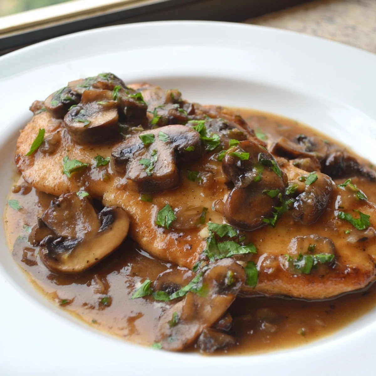 Dairy free Chicken Marsala plated with rich Marsala glaze fresh parsley and mushrooms