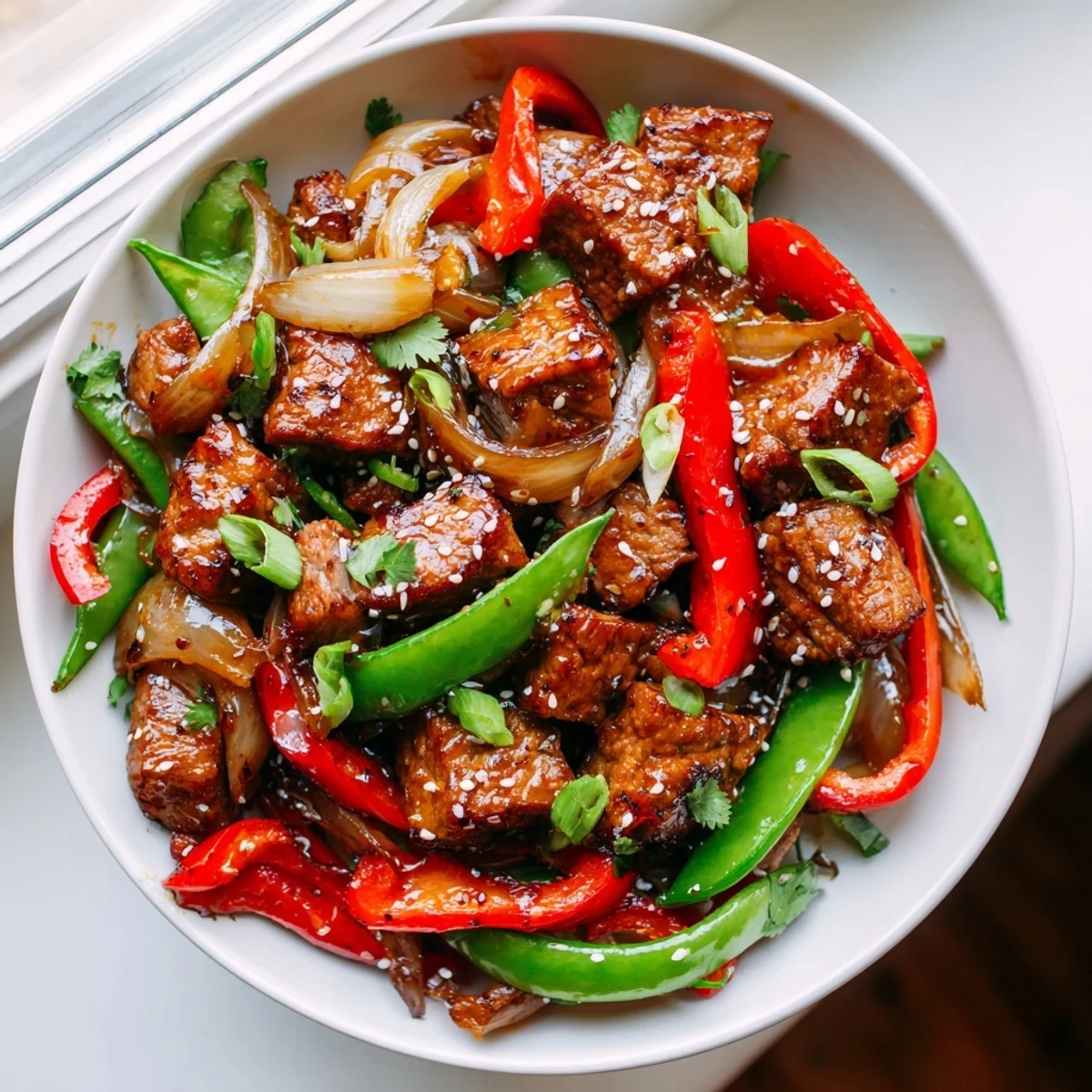 Asian inspired cube steak glazed in soy ginger sauce with crisp colorful vegetables