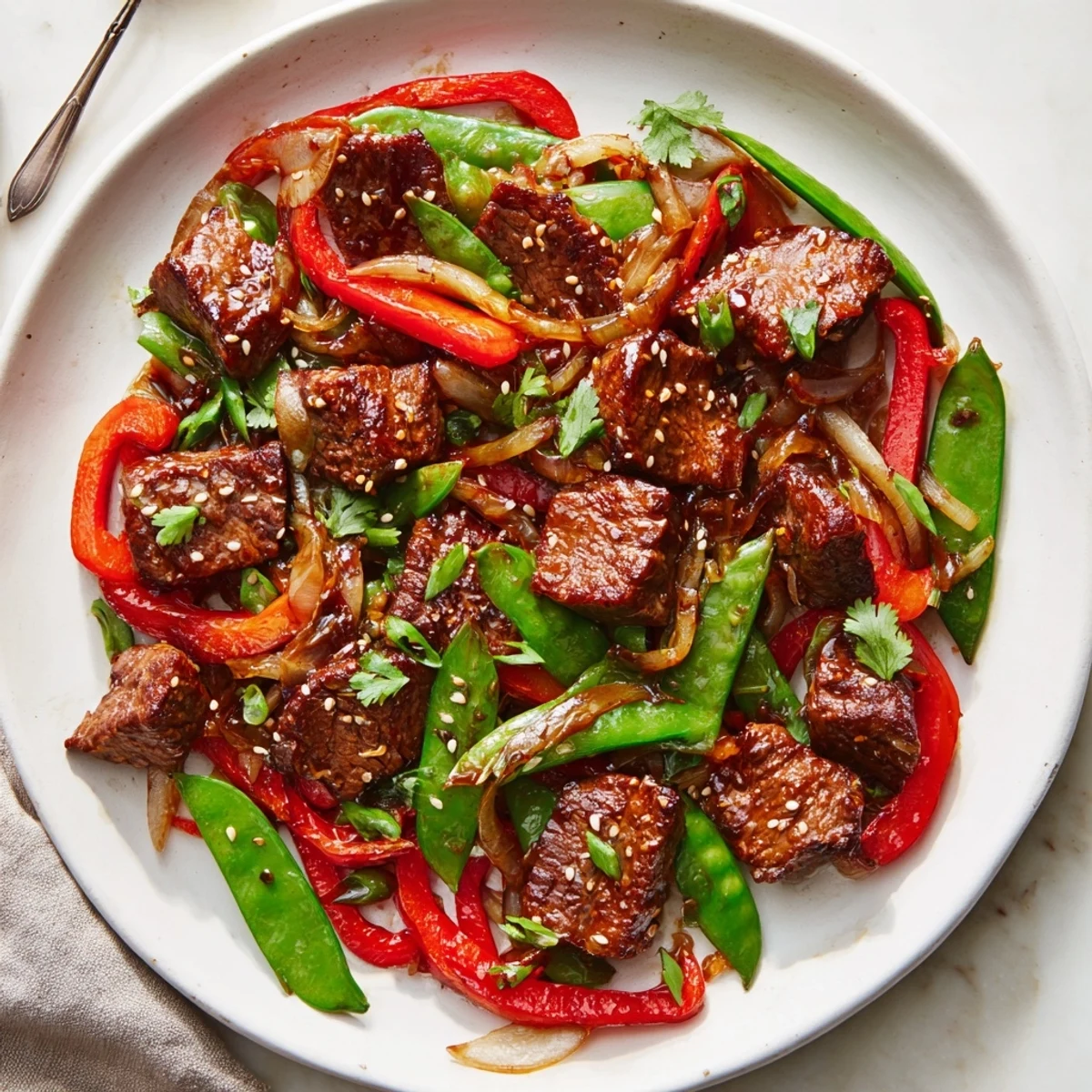 Tender Asian inspired cube steak sizzling in a wok with sesame seeds and peppers