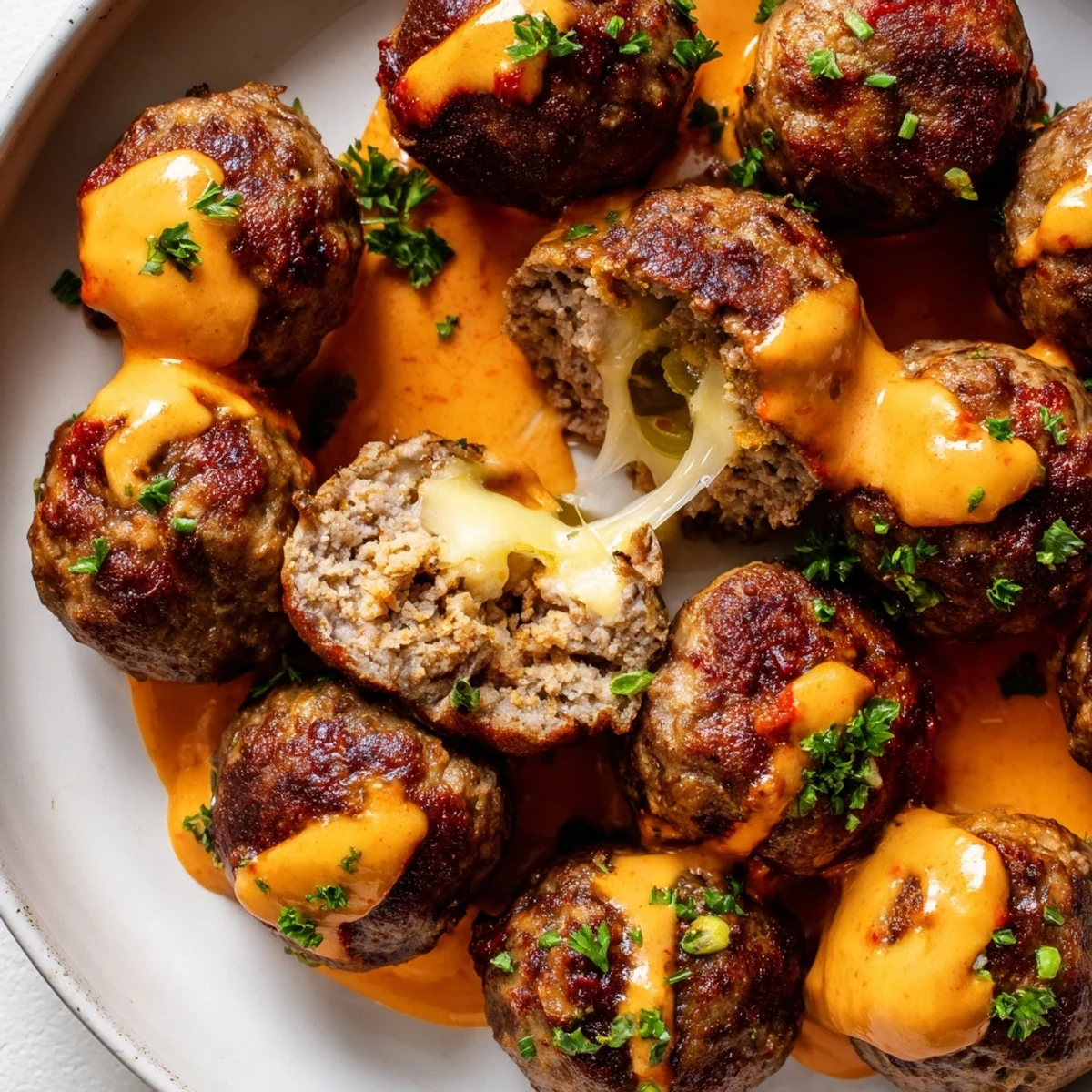 Golden cheese stuffed meatballs drizzled with creamy spicy cheese sauce on a rustic plate