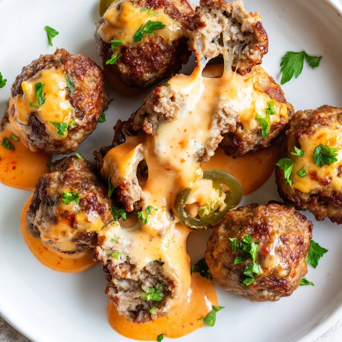 Close-up of cheese stuffed meatballs with spicy cheese sauce showing melted mozzarella centers