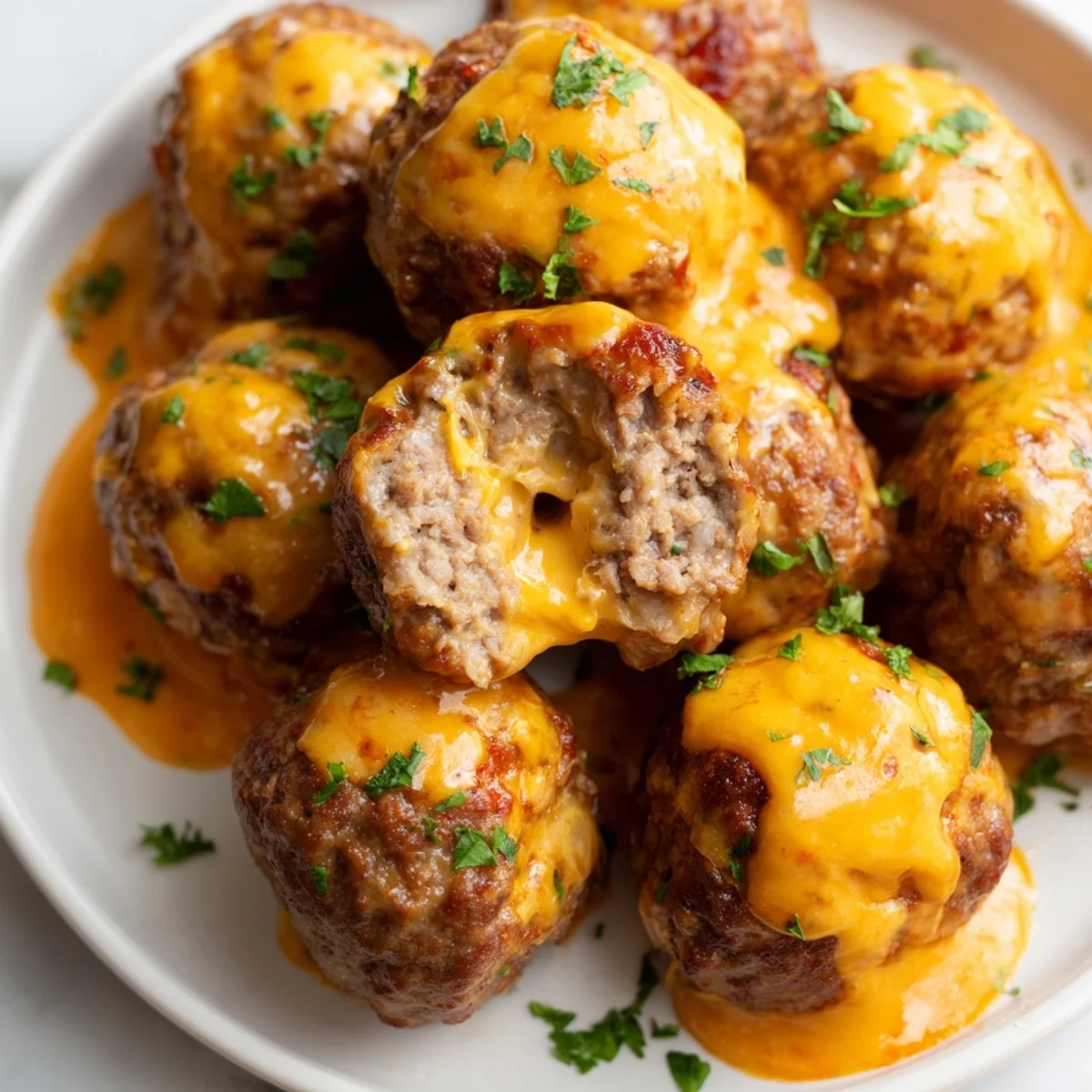 Cheese stuffed meatballs smothered in spicy cheese sauce served over a bed of pasta