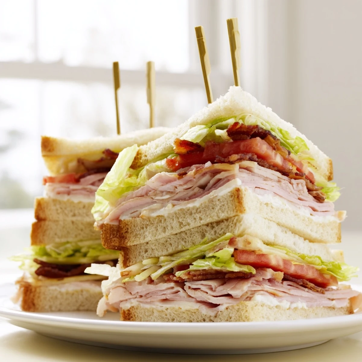 Classic club sandwich stacked with turkey, bacon, lettuce, and tomato on toasted bread
