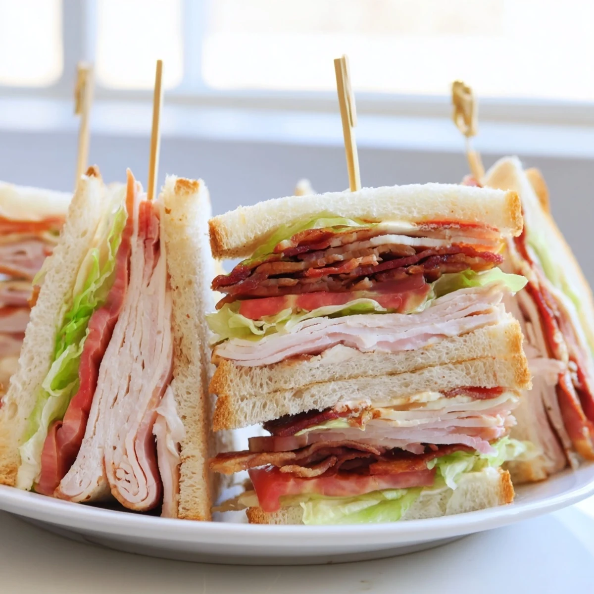 Triple-decker club sandwich layered with crispy bacon, fresh veggies, and creamy mayo