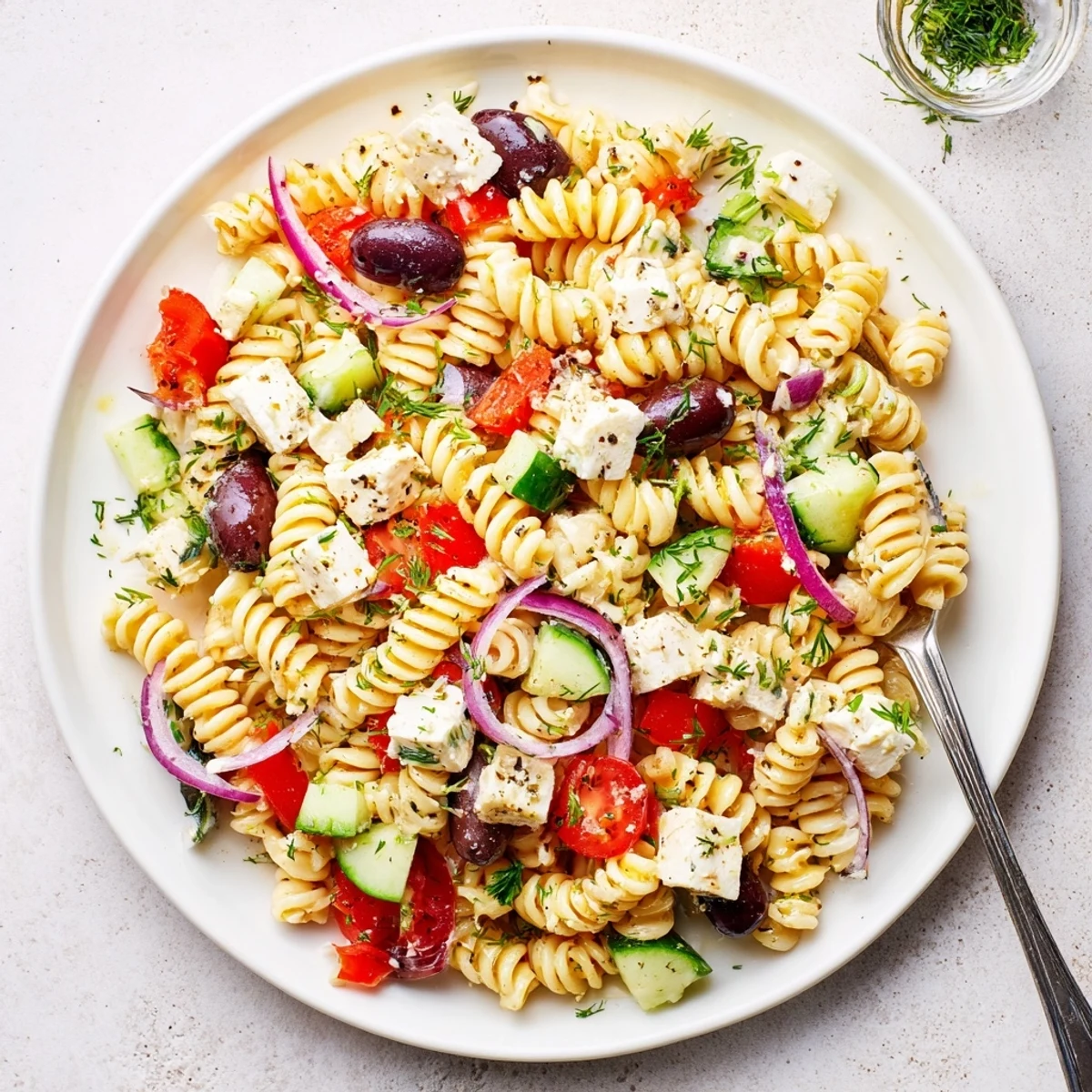 Colorful Greek Pasta Salad loaded with crisp veggies, tangy feta, and briny olives