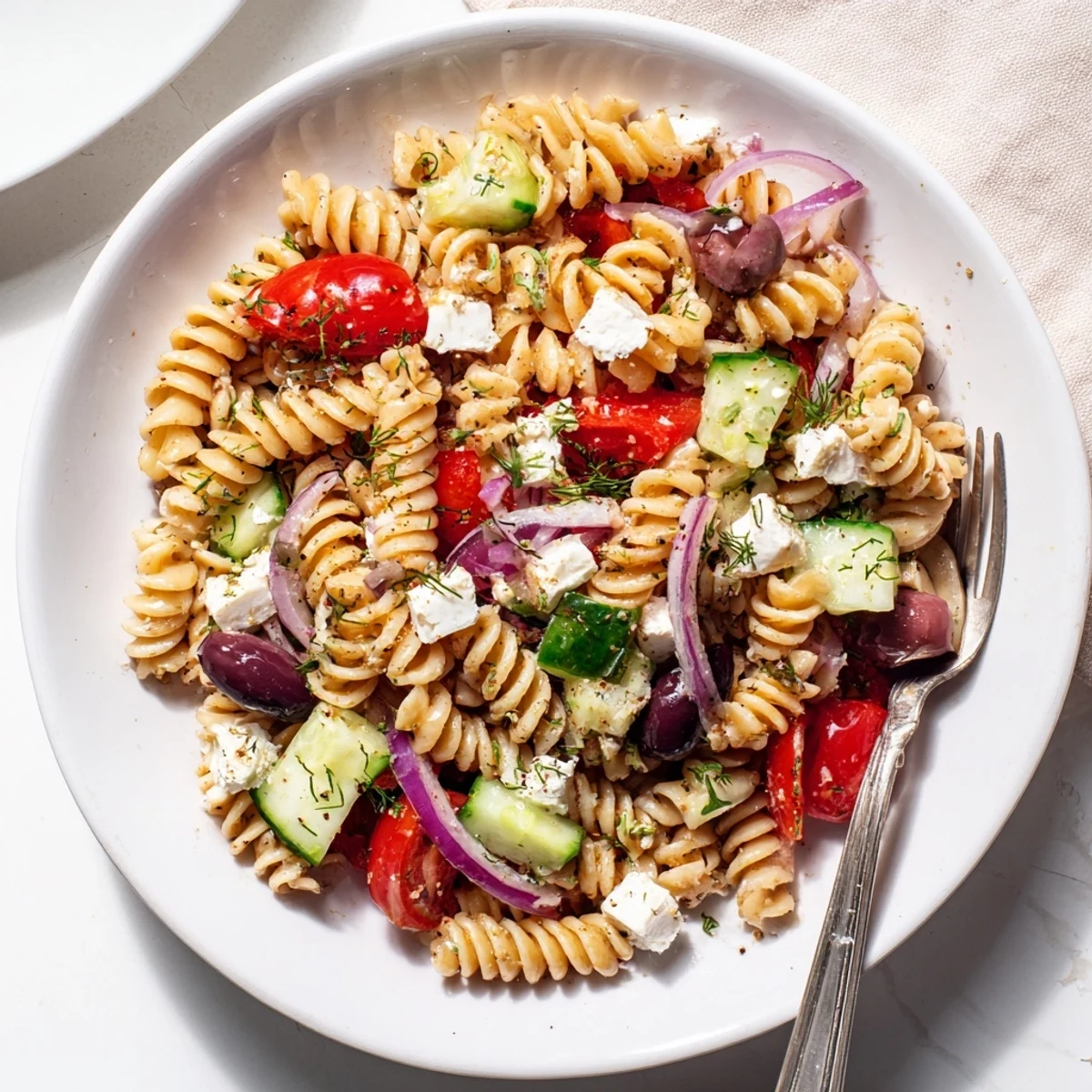 Creamy feta and fresh vegetables coat every bite of this Greek Pasta Salad