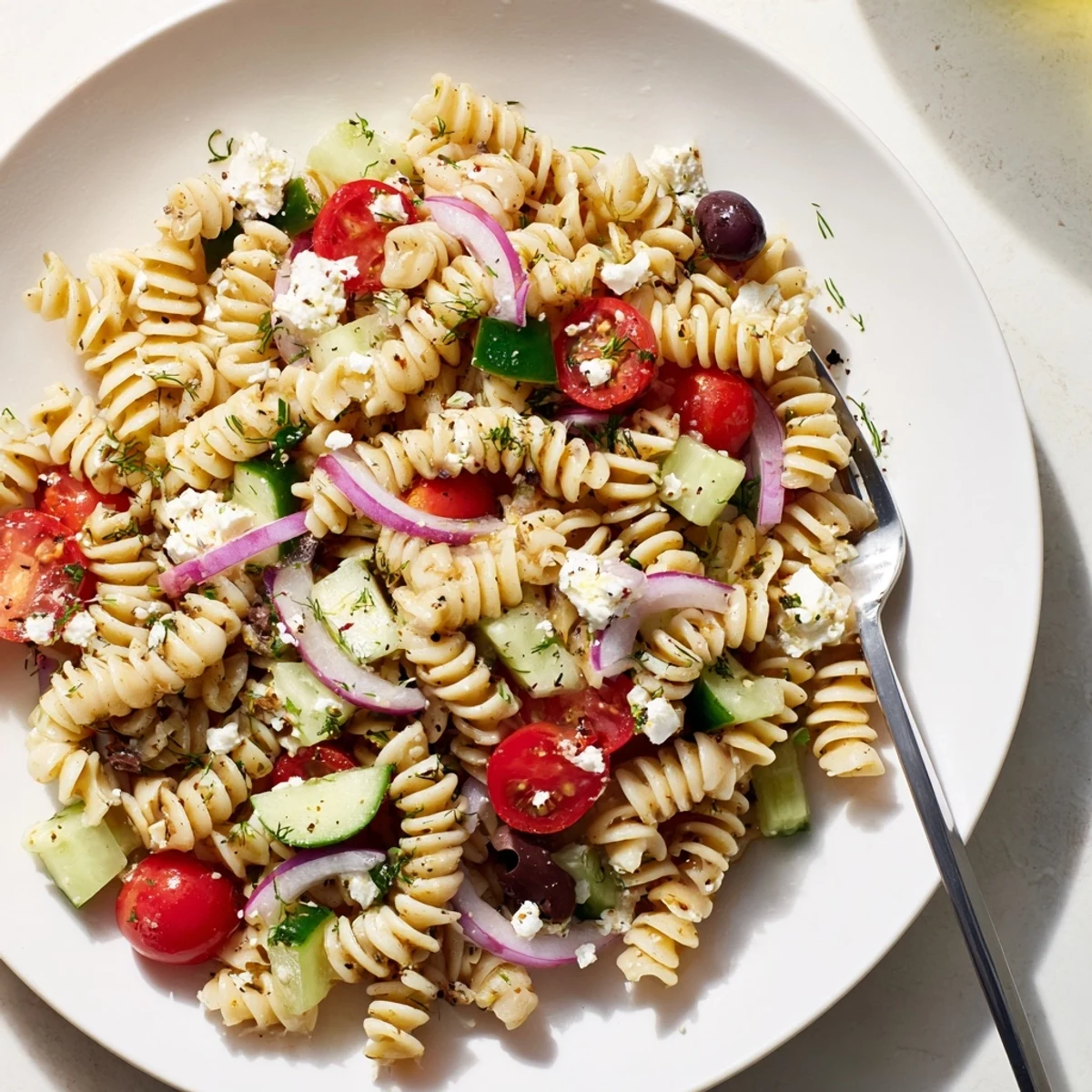 Greek Pasta Salad gleams in a bright bowl with a zesty lemon herb dressing