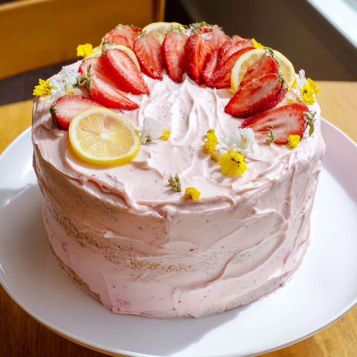 Frosted strawberry lemonade cake topped with fresh sliced berries and lemon wheels on a bright summer dessert plate.