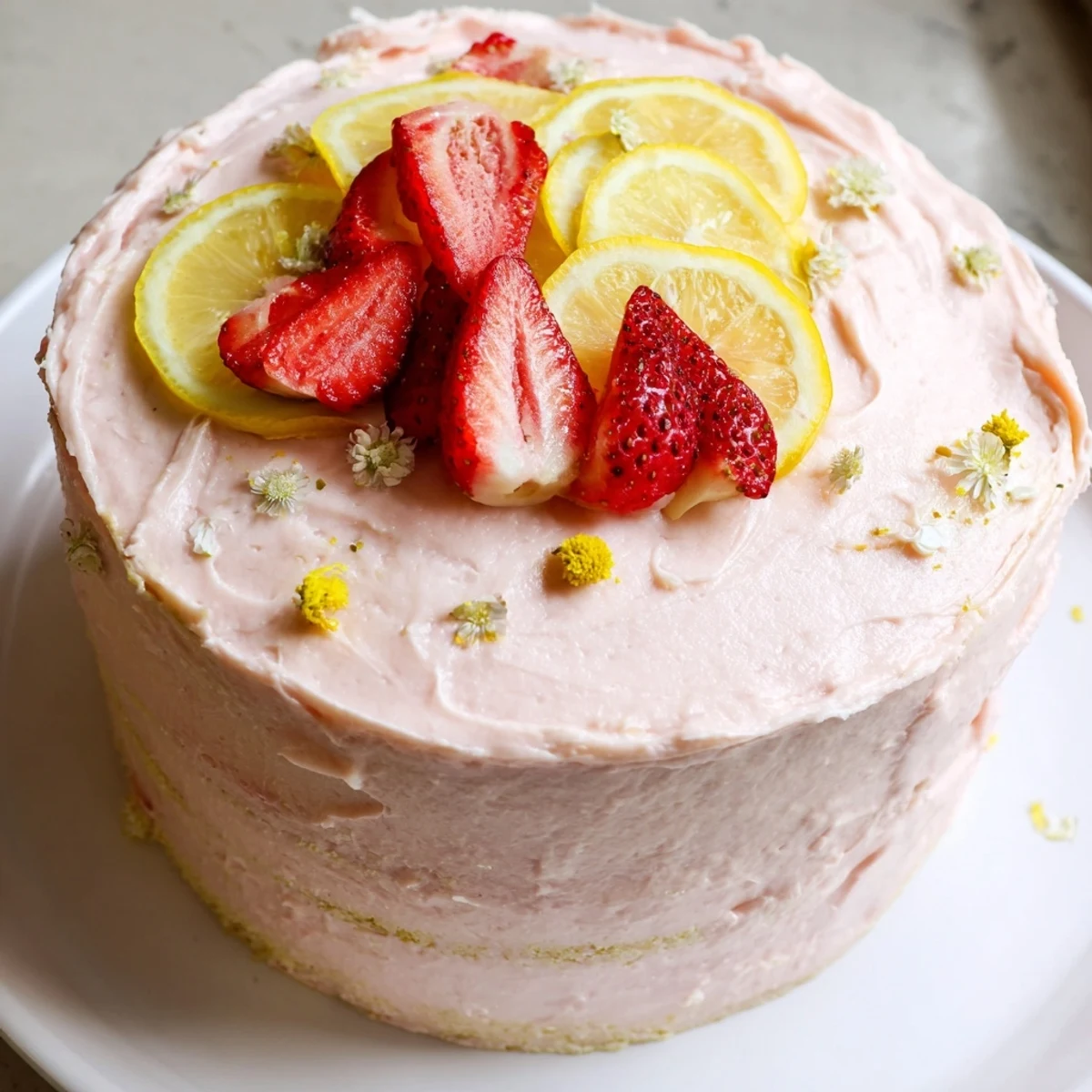 A moist strawberry lemonade cake with pink cream cheese frosting served on a rustic white cake stand.