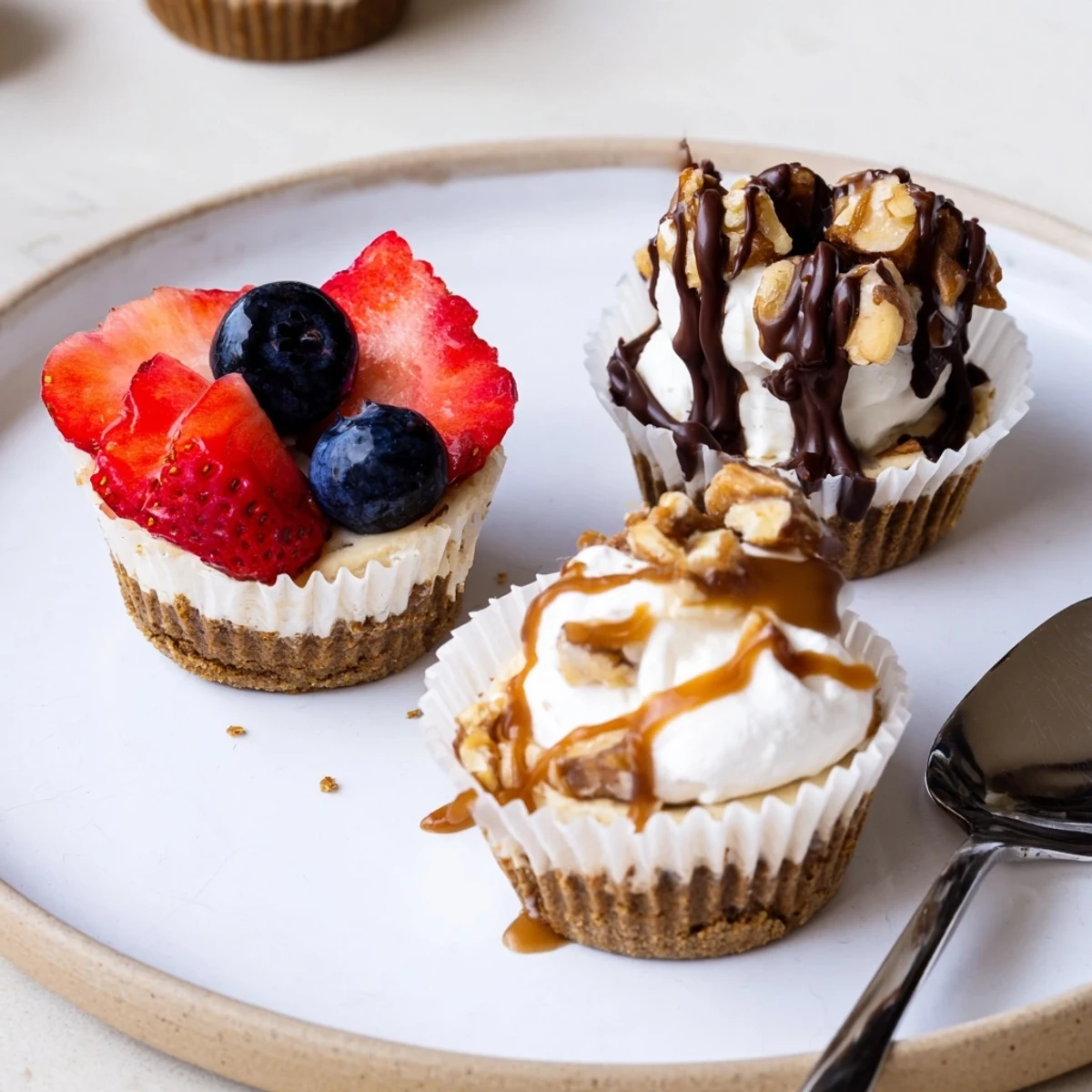Creamy mini cheesecakes with fresh berry toppings on a rustic wooden board