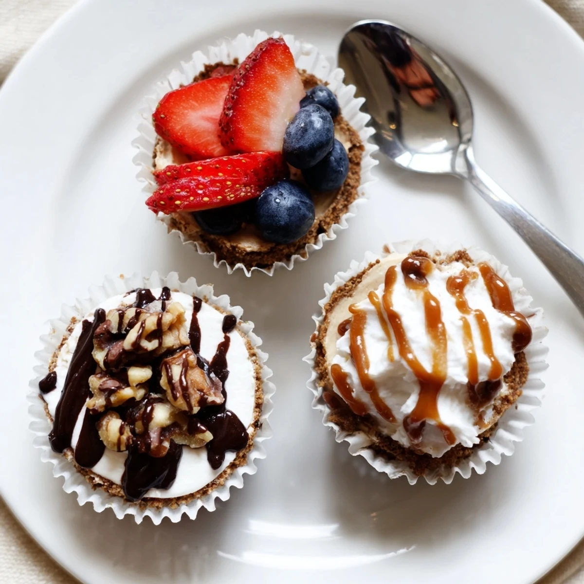 Golden graham cracker crust mini cheesecakes drizzled with rich caramel sauce