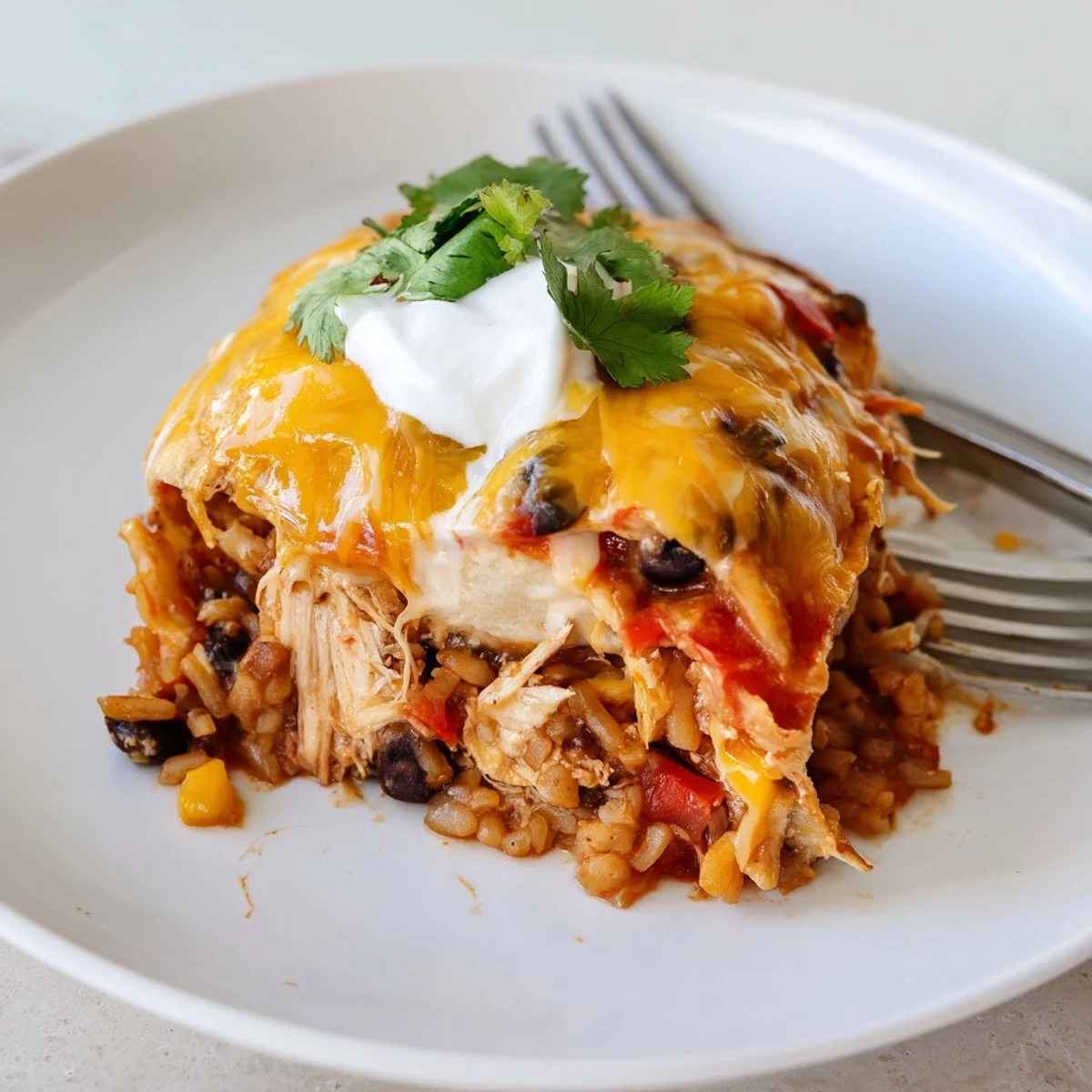 Bubbly chicken burrito casserole layered with beans salsa and gooey cheddar