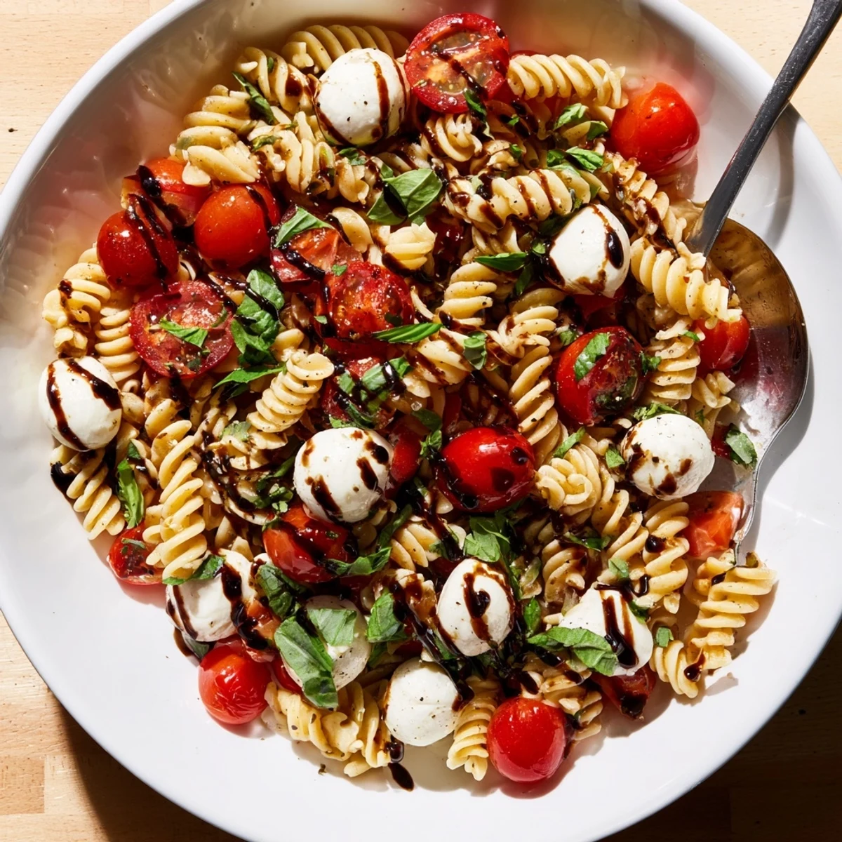 Caprese Pasta Salad in a rustic bowl drizzled with glossy balsamic glaze and fresh basil leaves