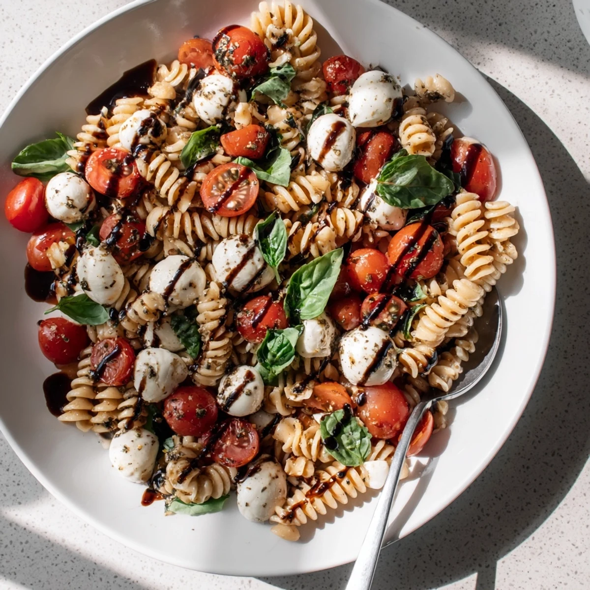 Bright Caprese Pasta Salad featuring plump cherry tomatoes, creamy mozzarella, and fragrant torn basil
