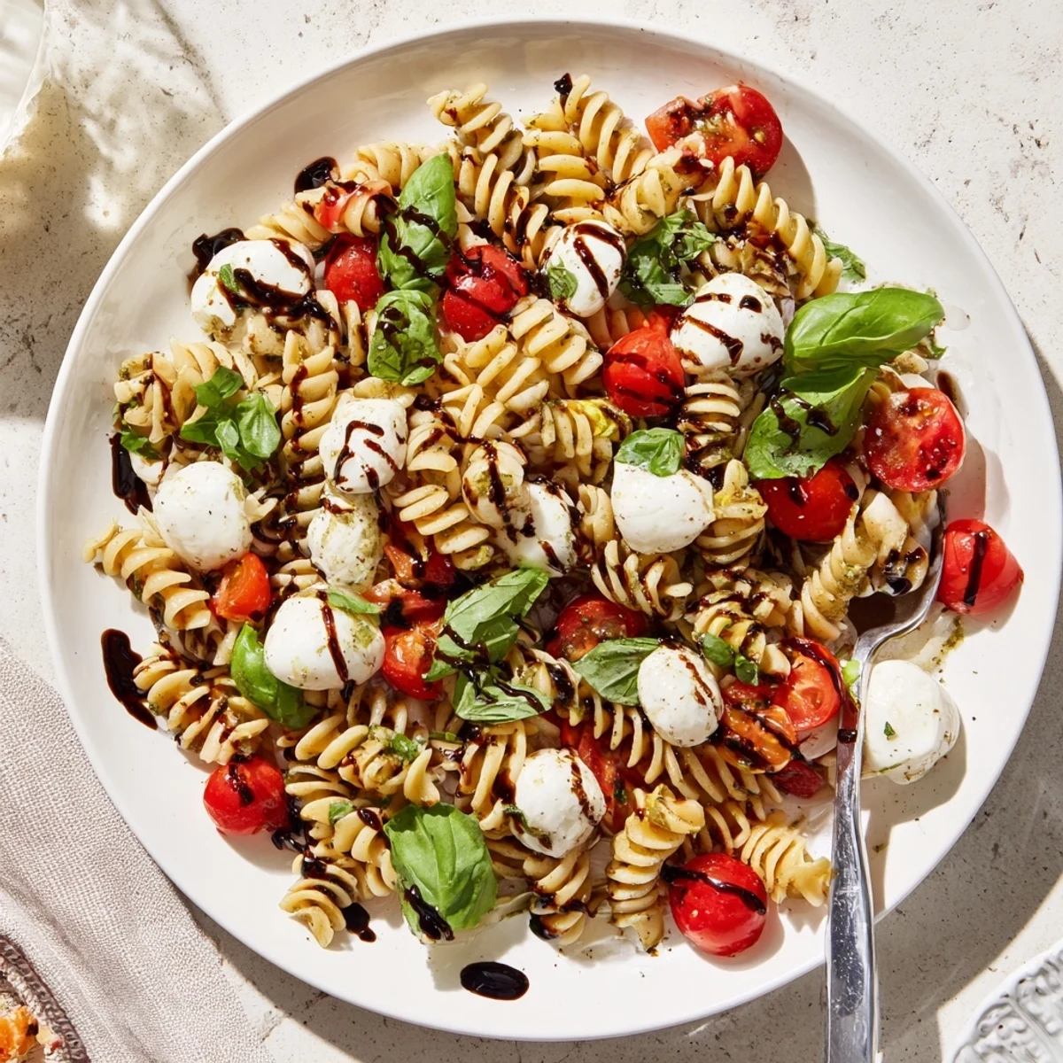 Chilled Caprese Pasta Salad served on a sunny patio with vibrant tomatoes and melted mozzarella