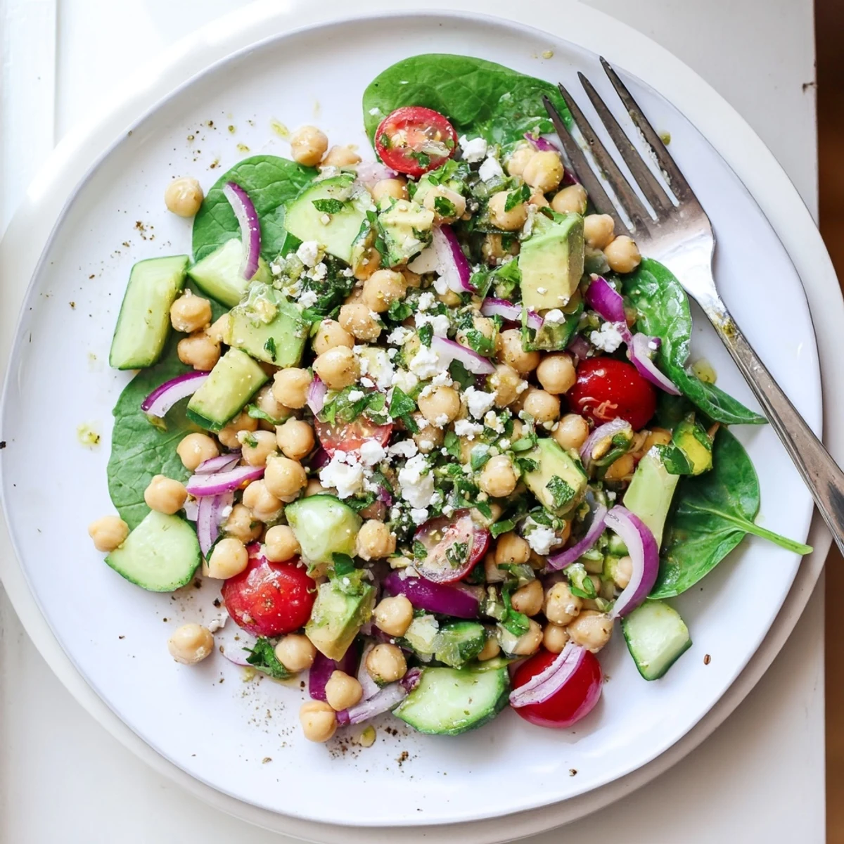 Bright chickpea feta avocado salad topped with crumbled cheese and fresh herbs