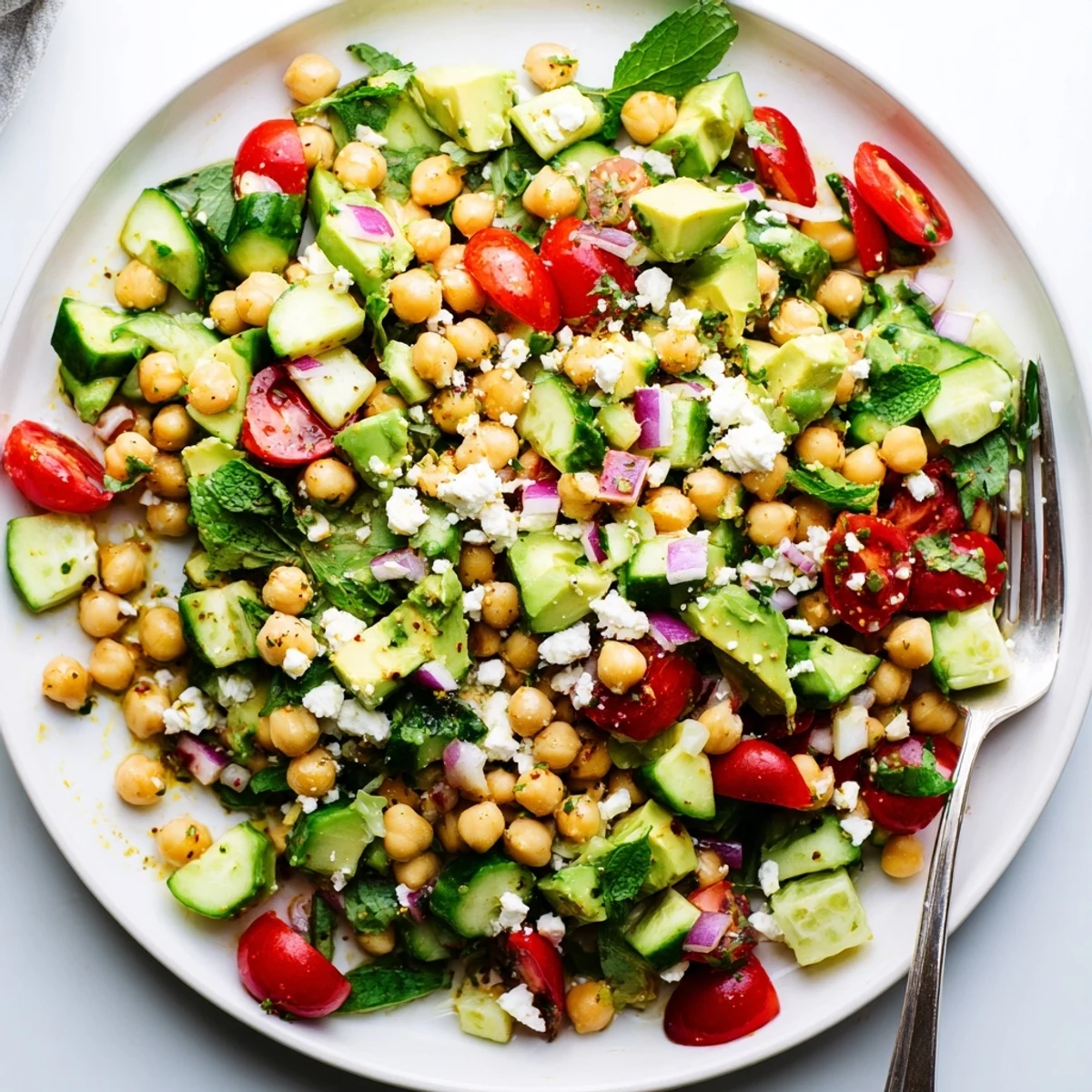 Colorful chickpea feta avocado salad served on a bed of leafy greens