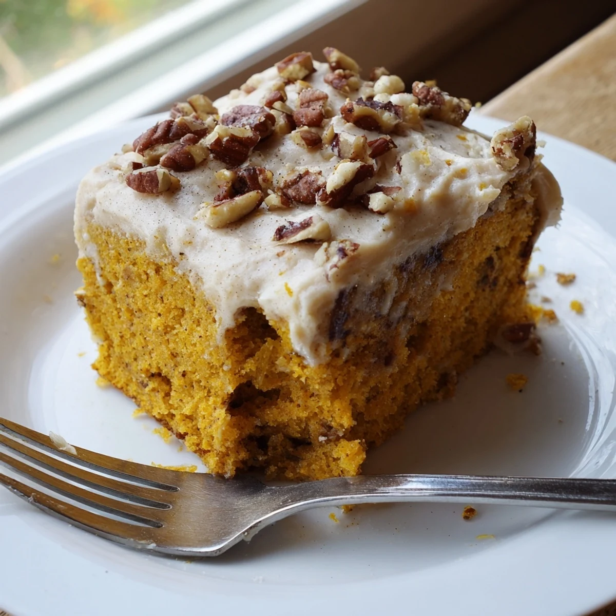 A golden pumpkin pecan cake slice with thick cinnamon cream cheese icing on a rustic plate