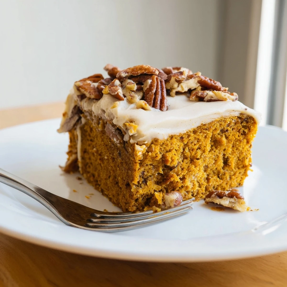 Moist pumpkin pecan cake topped with swirls of spiced cinnamon cream cheese frosting