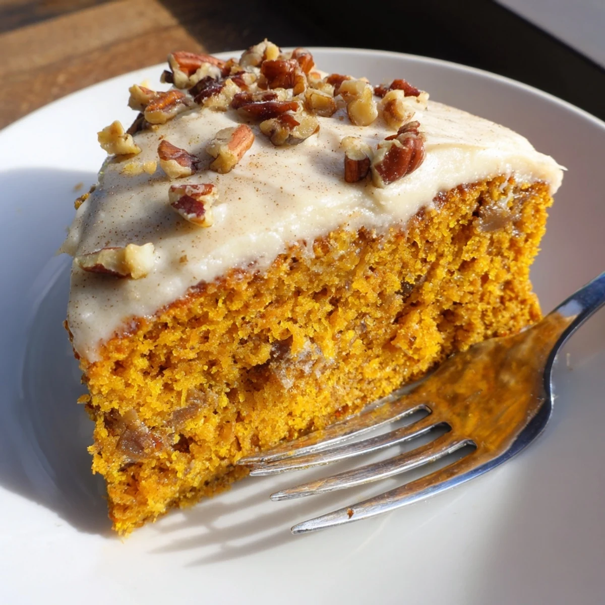 Warm spiced pumpkin pecan cake draped in creamy cinnamon icing beside a cup of chai