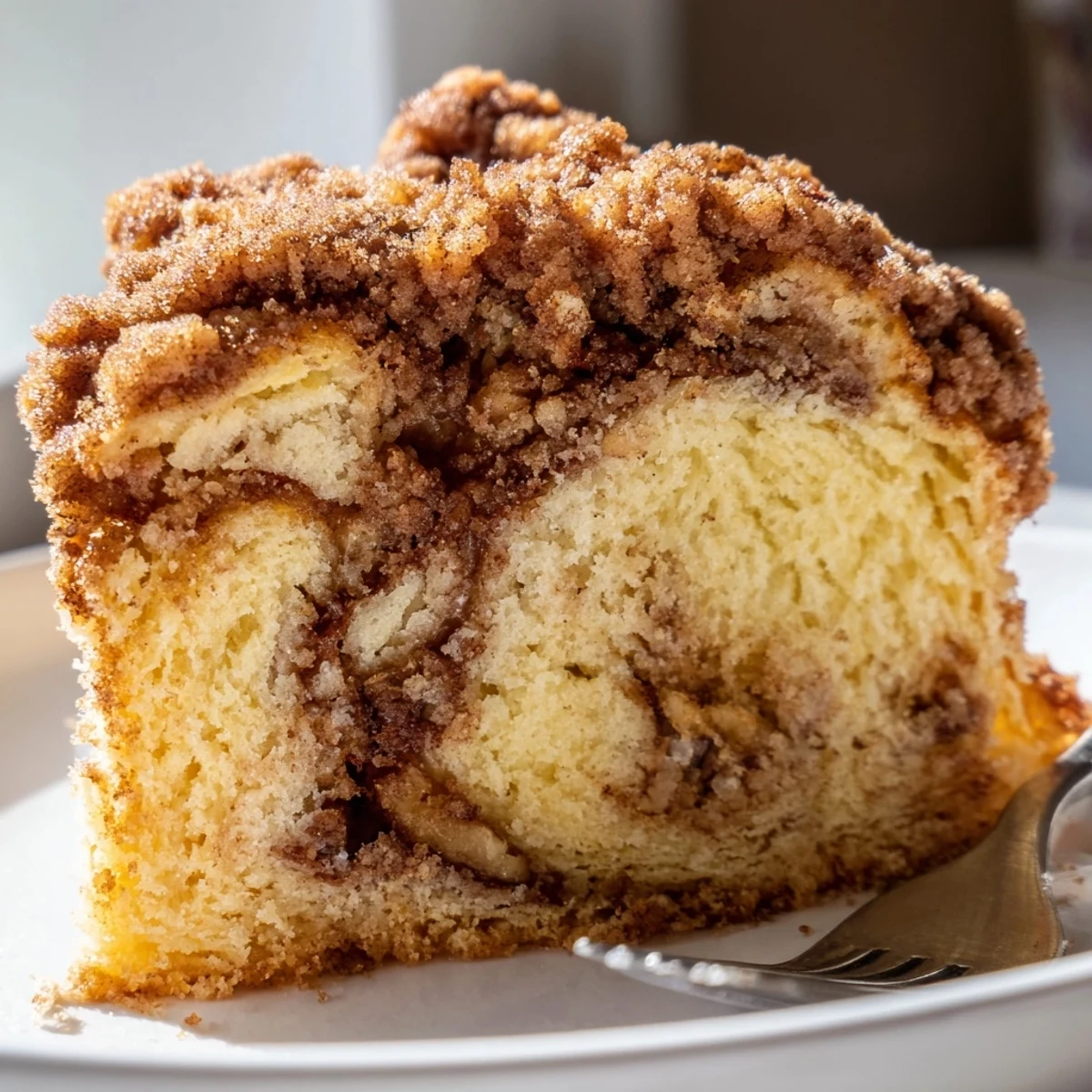 Warm cinnamon pecan crunch coffee cake sliced on a rustic wooden cutting board
