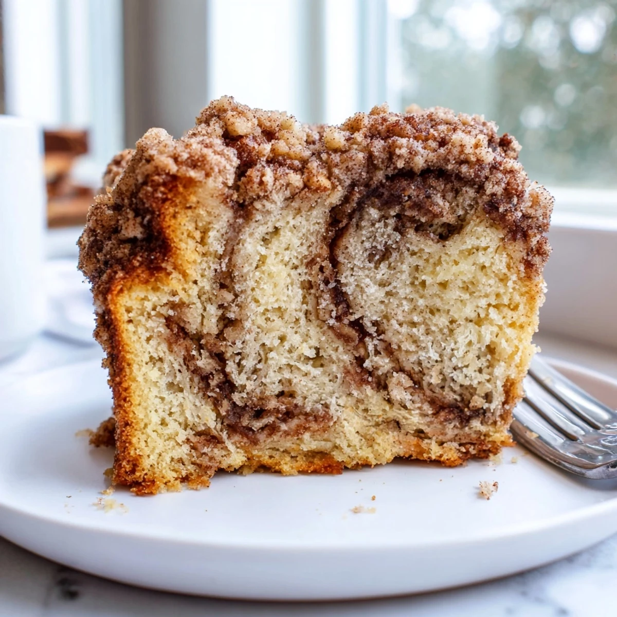 Golden cinnamon pecan crunch coffee cake topped with a crumbly toasted pecan streusel