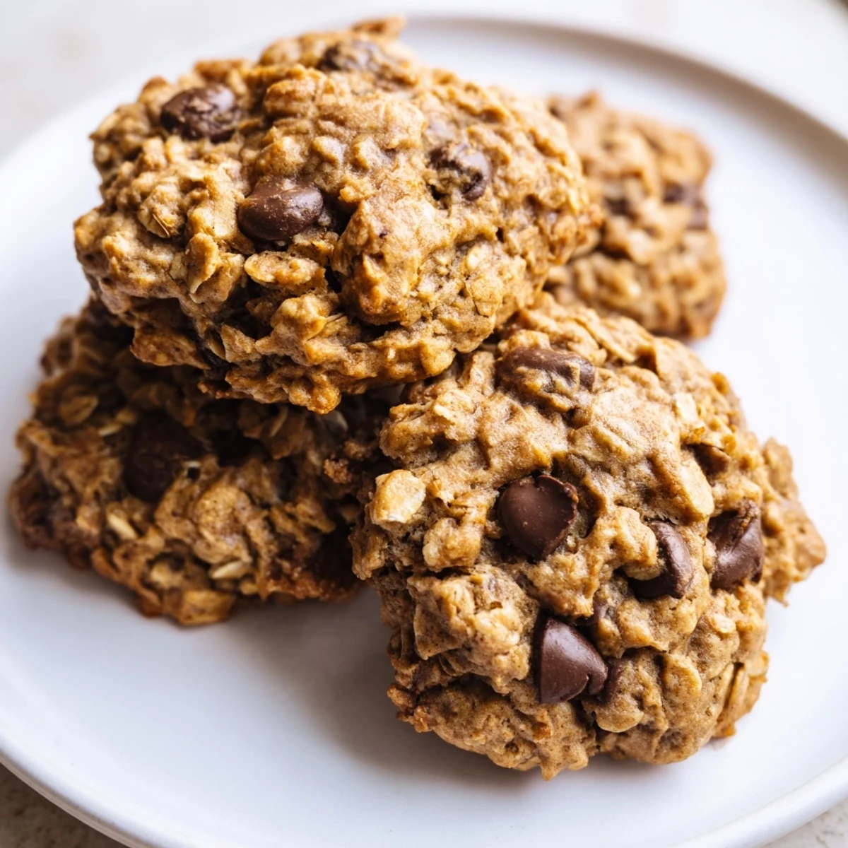 Golden chewy banana oatmeal cookies with hearty oats on a rustic baking sheet