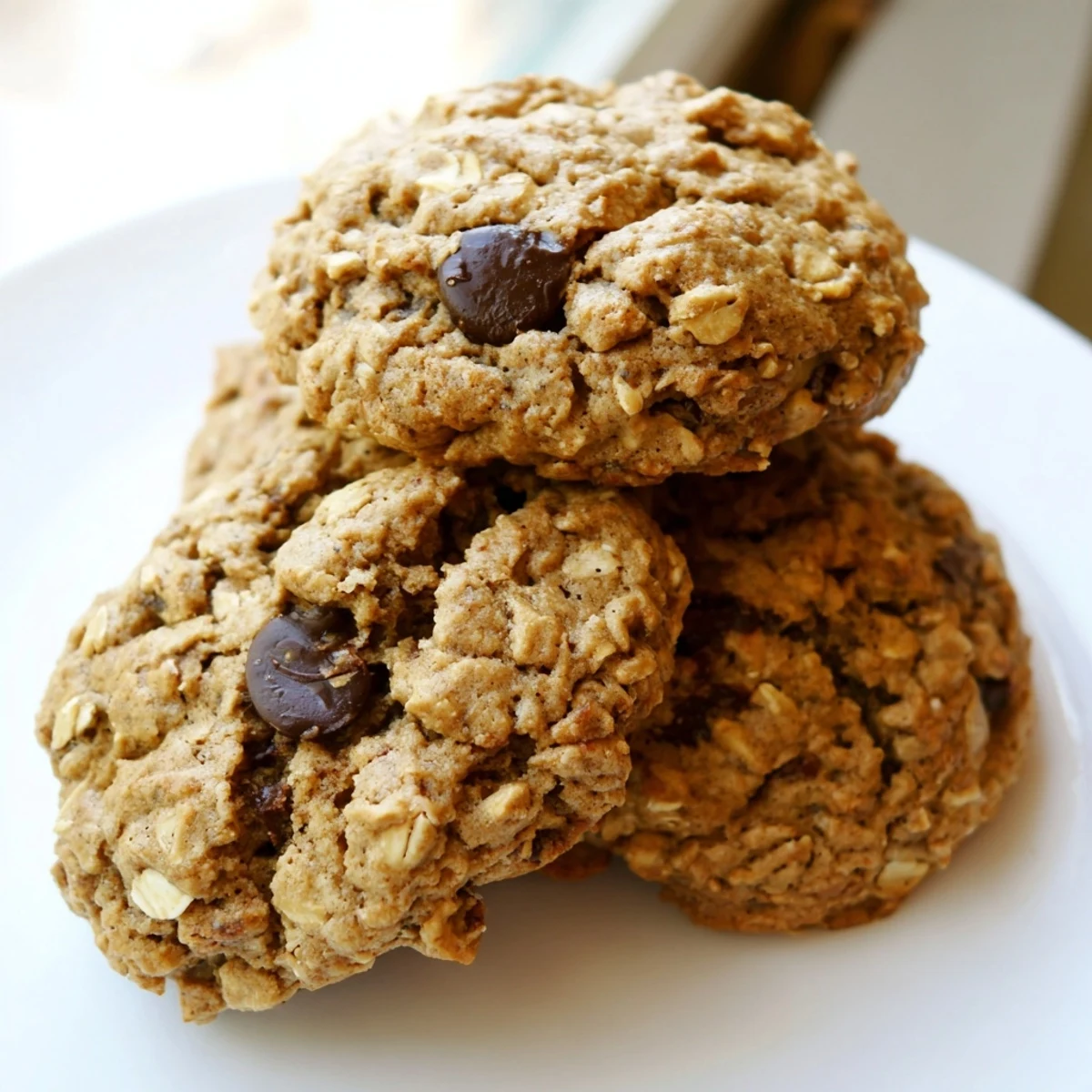 Chewy banana oatmeal cookies stacked on a plate with visible oats and golden edges