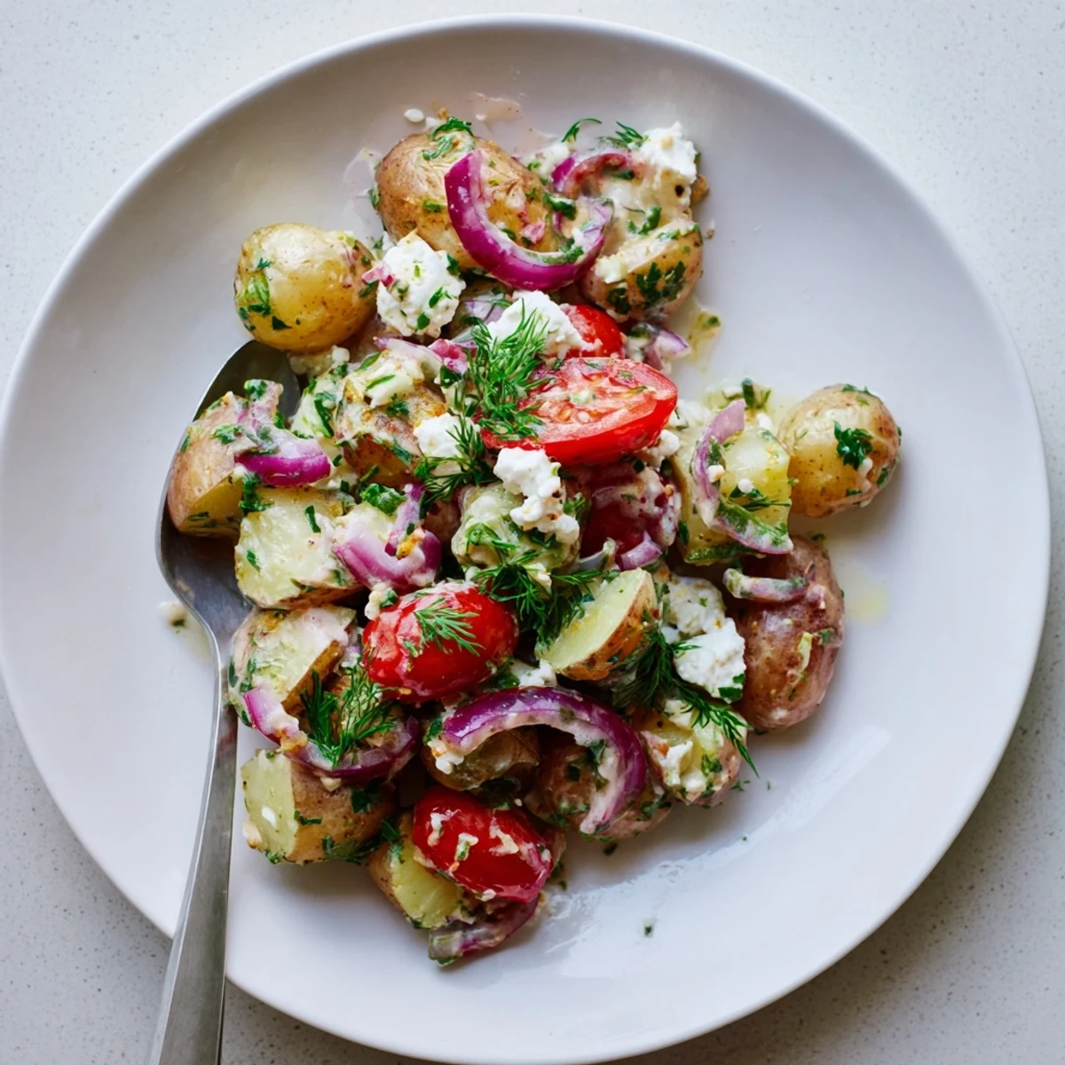 Creamy potato and feta salad topped with crumbled cheese and fresh herbs
