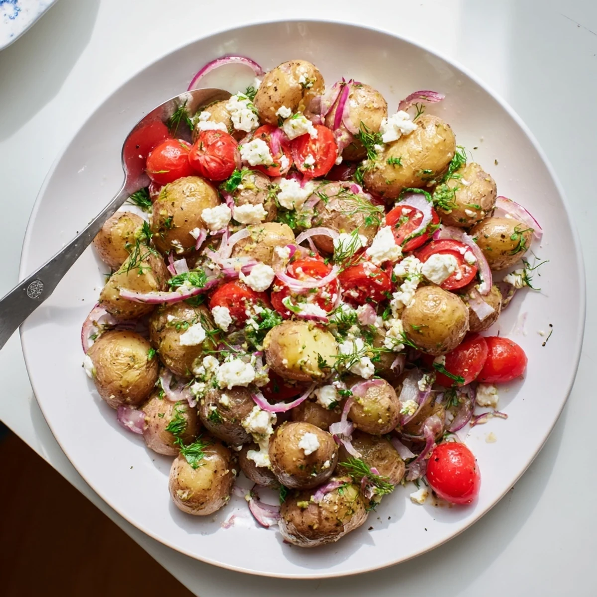 Golden tender potatoes tossed with feta cherry tomatoes and bright lemon dressing