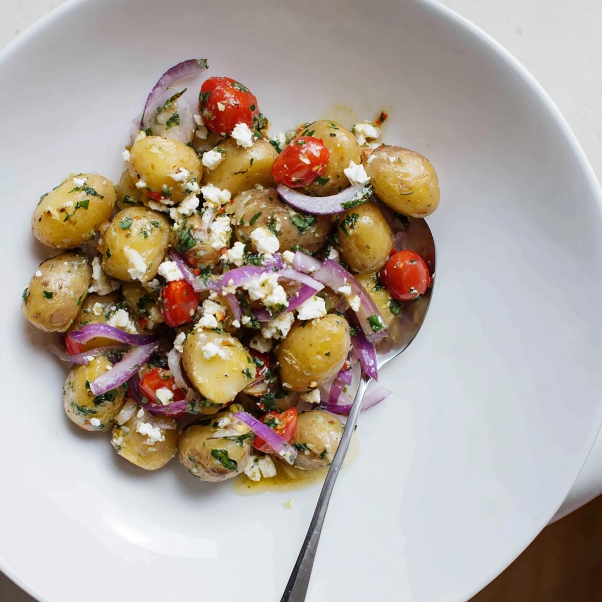 Warm potato and feta salad garnished with dill parsley and red onion