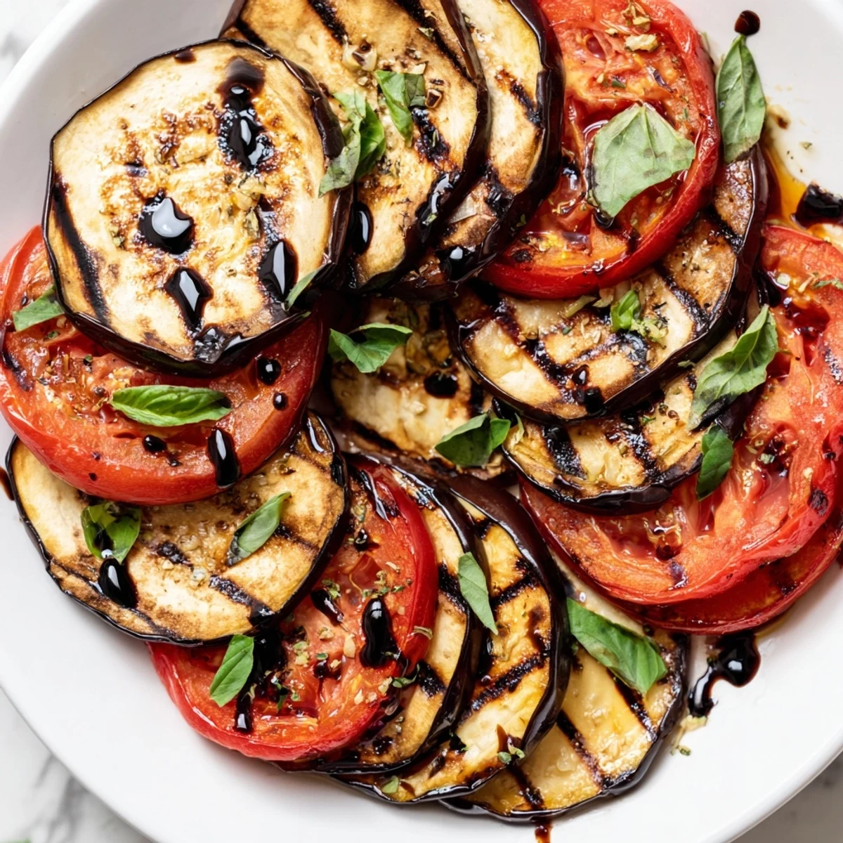 Smoky grilled tomato eggplant stacked on a platter with fresh basil leaves