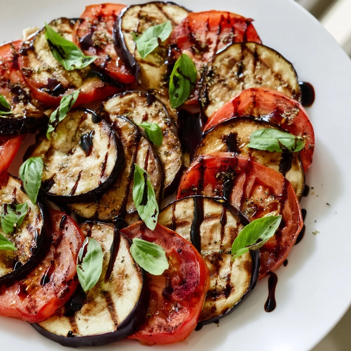 Tender charred grilled tomato eggplant layered alternately on a rustic serving dish