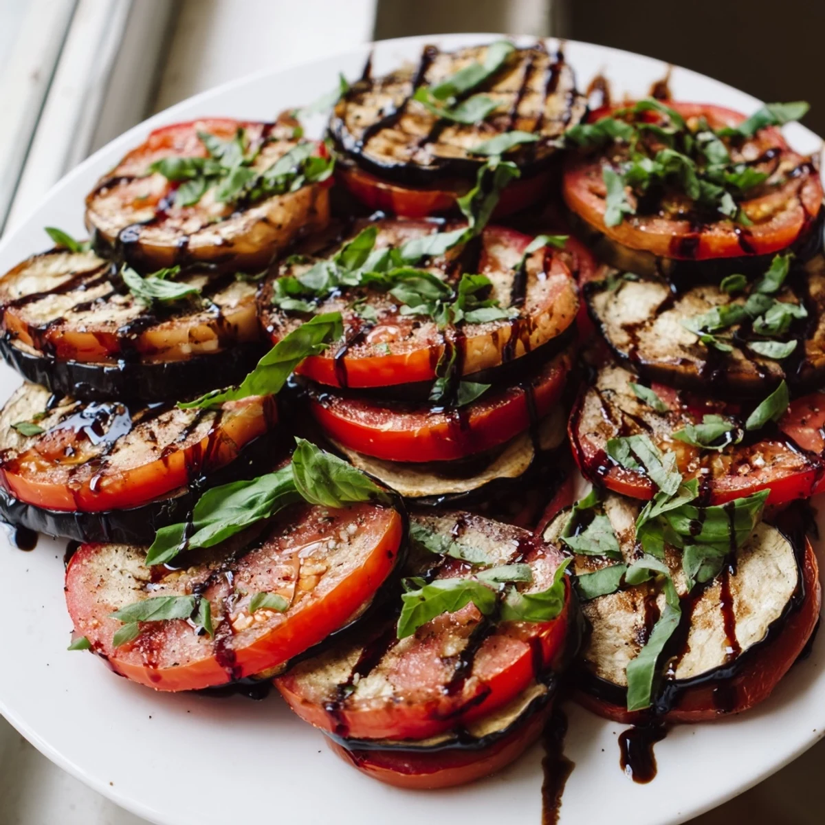 Juicy grilled tomato eggplant drizzled with balsamic glaze and garnished beautifully
