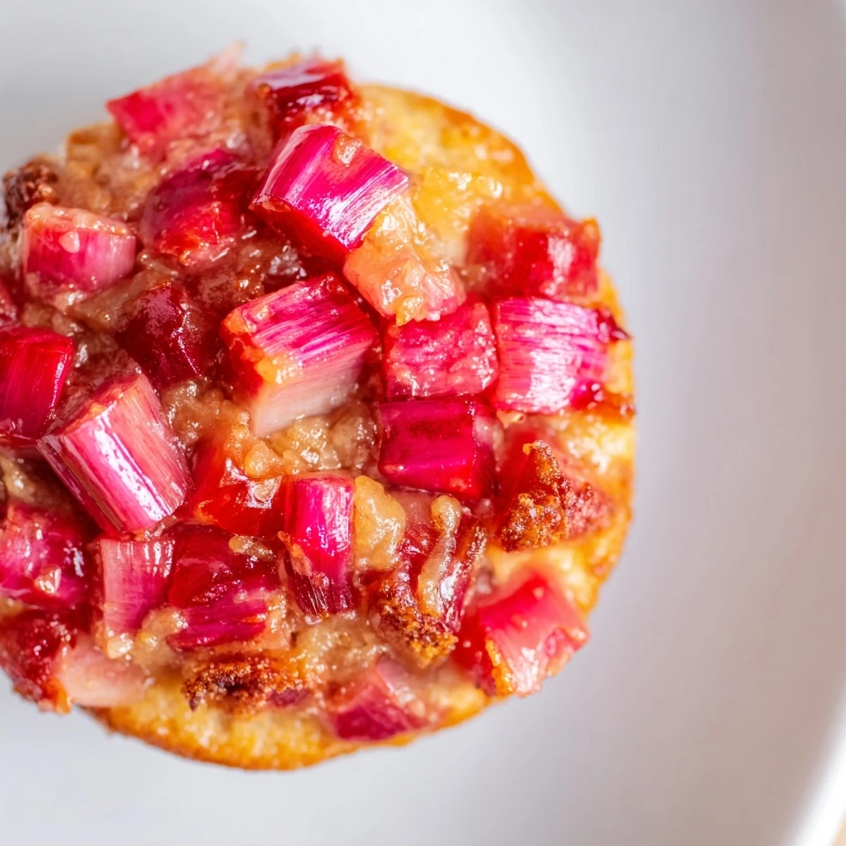 Golden upside down rhubarb muffins with caramelized pink fruit glistening on top
