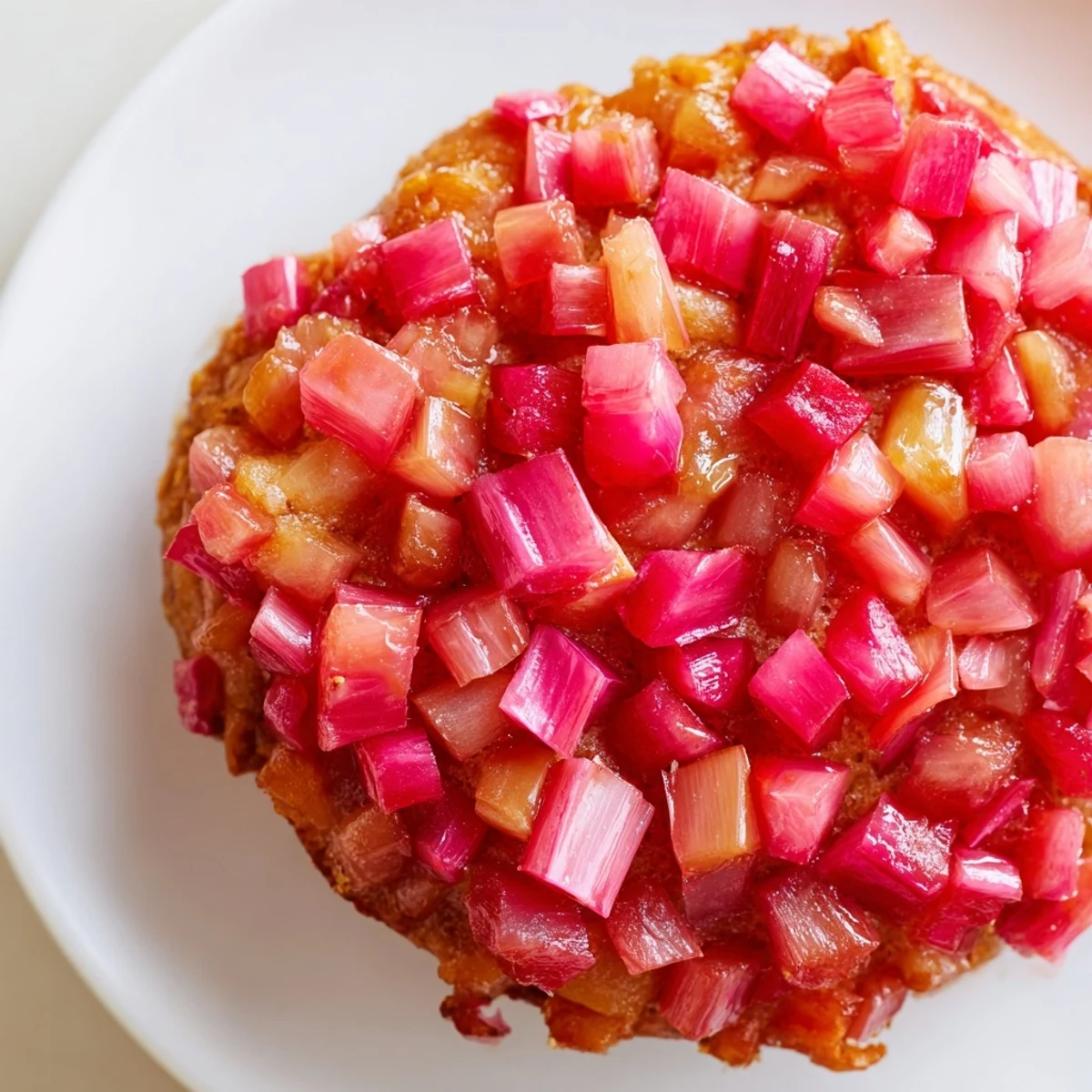 Warm upside down rhubarb muffins flipped to reveal a glossy, sweet-tart topping