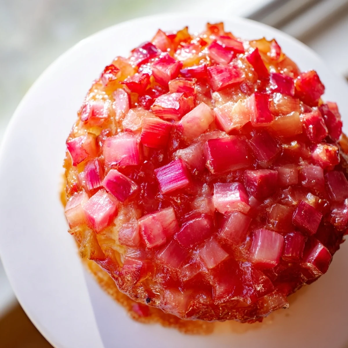 Moist upside down rhubarb muffins topped with tender ruby-red fruit, fresh from the oven