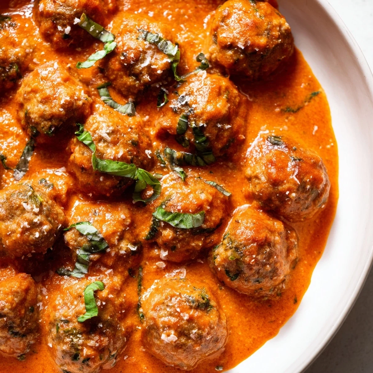 Golden brown meatballs nestled in creamy tomato basil sauce with fresh herb garnish